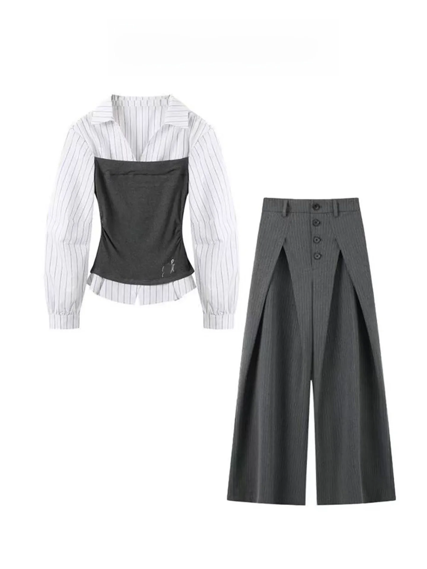 

Korean Style Patchwork Striped Long Sleeve Shirt Women's Spring High Waist Wide Leg Pants Two Piece Set Casual Fashion