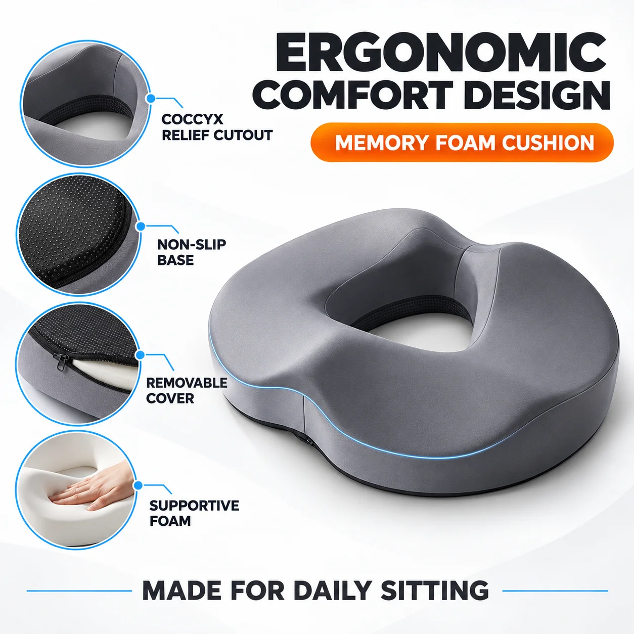 Car and Office Chair Seat Cushion Coccyx Relief Buttock Support Pad for Long Sitting Comfort