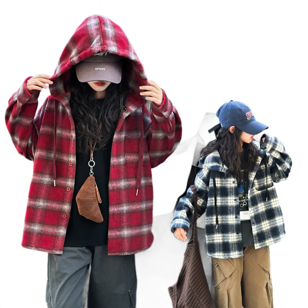 Spring‑Autumn Girls Hooded Plaid Shirt Jacket, Loose Casual Long‑Sleeve Top Korean‑Style Cool Blouse For Middle  Big Kids Girls