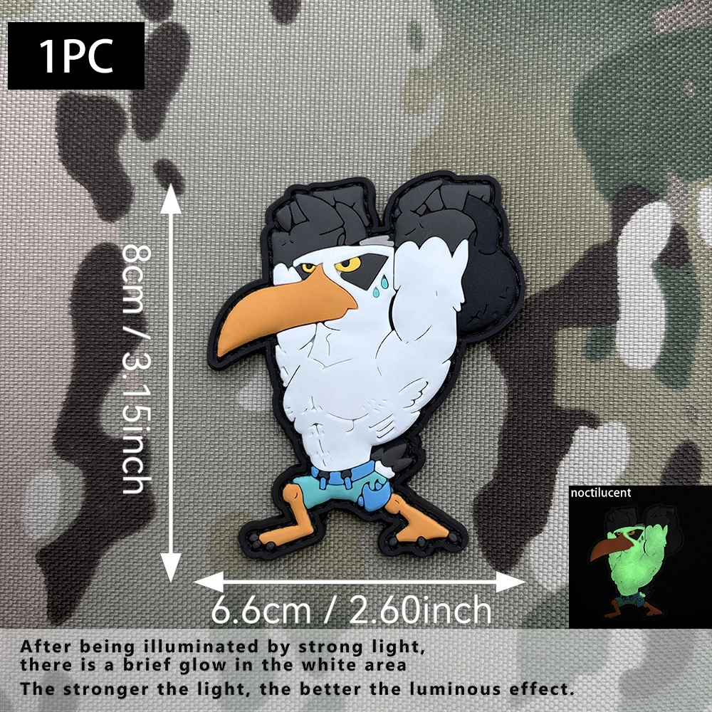 1Pc Six Unique Cartoon Fitness Training Seabird Designs 2D Flat Pvc Material Glow-In-The-Dark Patch with Matching Soft Rubber Armband Trendy Fitness Military Style Suitable for Backpacks, Workwear, Hats, Decoration, Personalized Fun Morale Patch