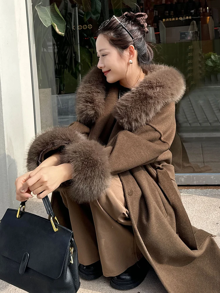 

Camere пальто с меховым воротником и капюшоном, женское зимнее новое двустороннее шерстяное пальто средней длины, корейское свободное пальто