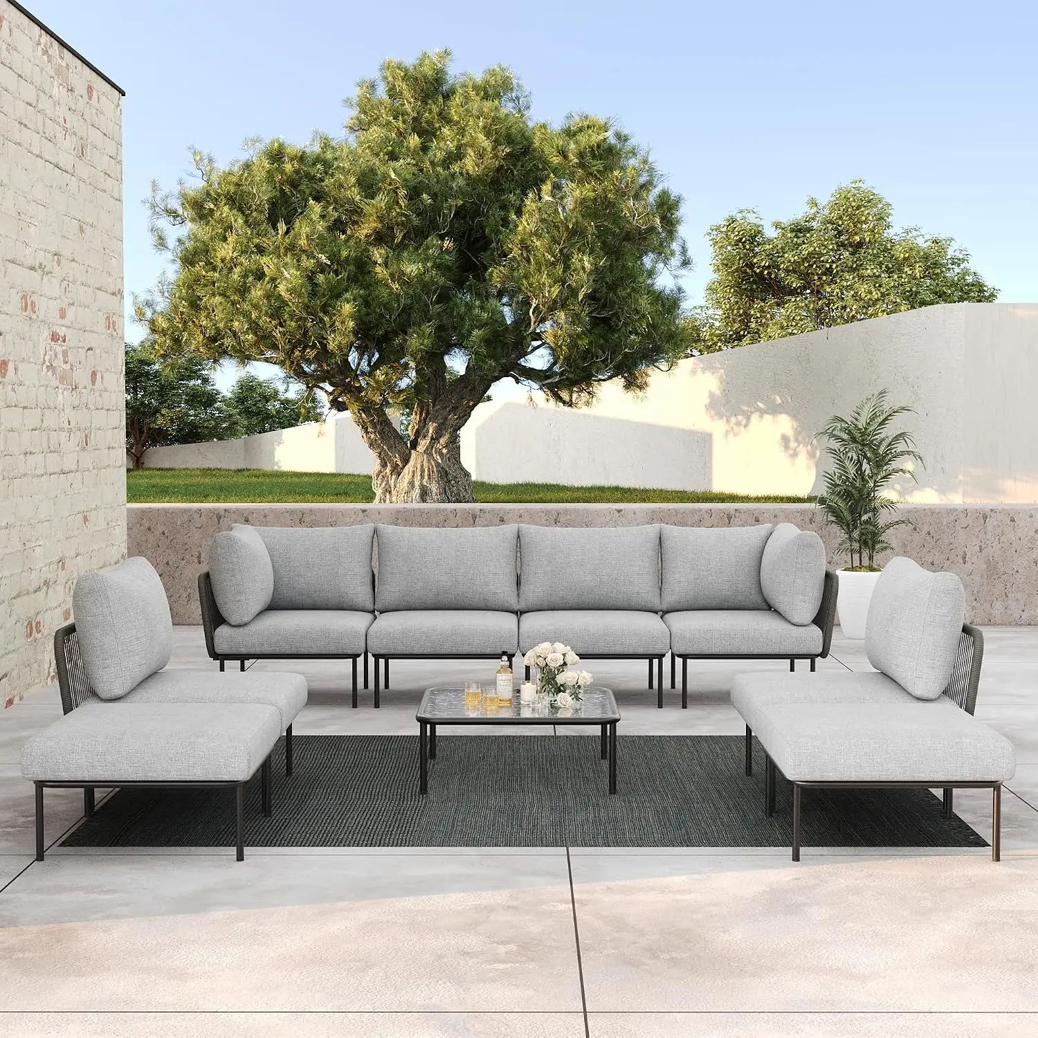 9 Pieces Aluminum Patio Furniture Set, Modern Modular Sectional Sofa with Coffee Table and Upgrade Thickness Cushion, Customized