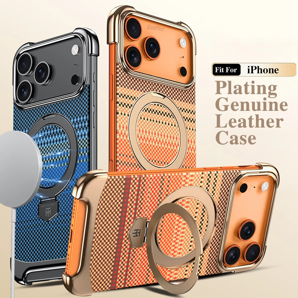 Capa magnética de couro para iphone 17 pro max 17air, design sem borda, revestimento premium, textura de fibra de carbono, capa com suporte