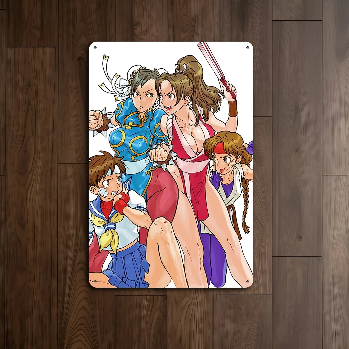 Letrero de metal con diseño de videojuego de lucha clásico y vibrante, póster retro con personajes icónicos en pose de acción, perfecto para la habitación de un hombre