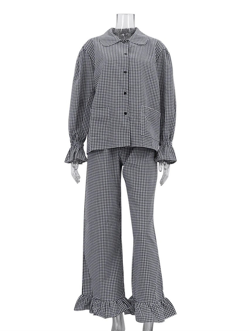 Marthaqiqi Loose Female Pajamas Suit Long Sleeve Nightwear Turn-Down Collar Nightgowns Pants Causal Women Sleepwear 2 Piece Set