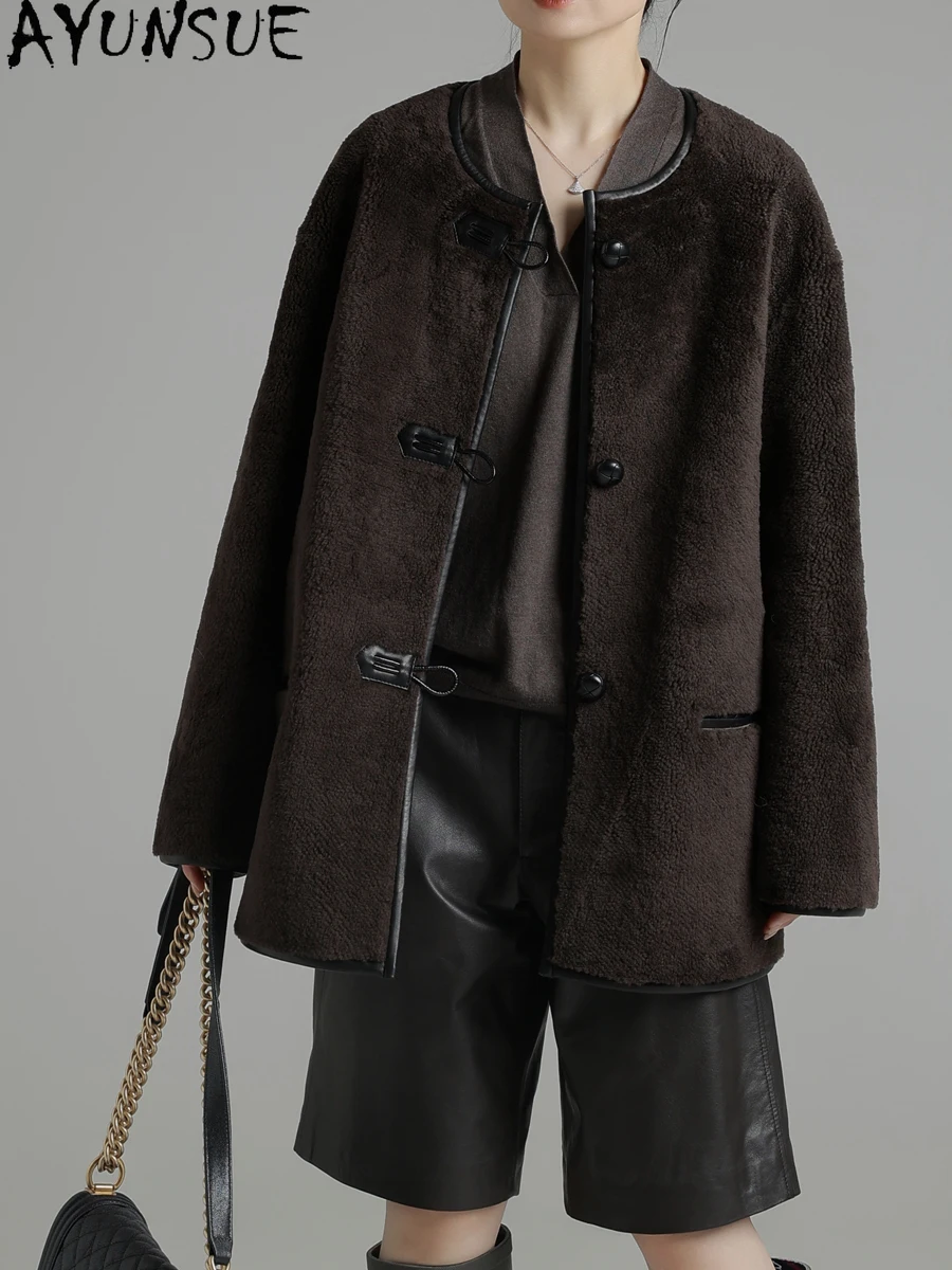 AYUNSUE Natürlicher Schaffell-Pelzmantel für Damen, mittellang, luxuriöse Echtlederjacke, warme Winterkleidung, 2025, weiblich, Servies Sierra