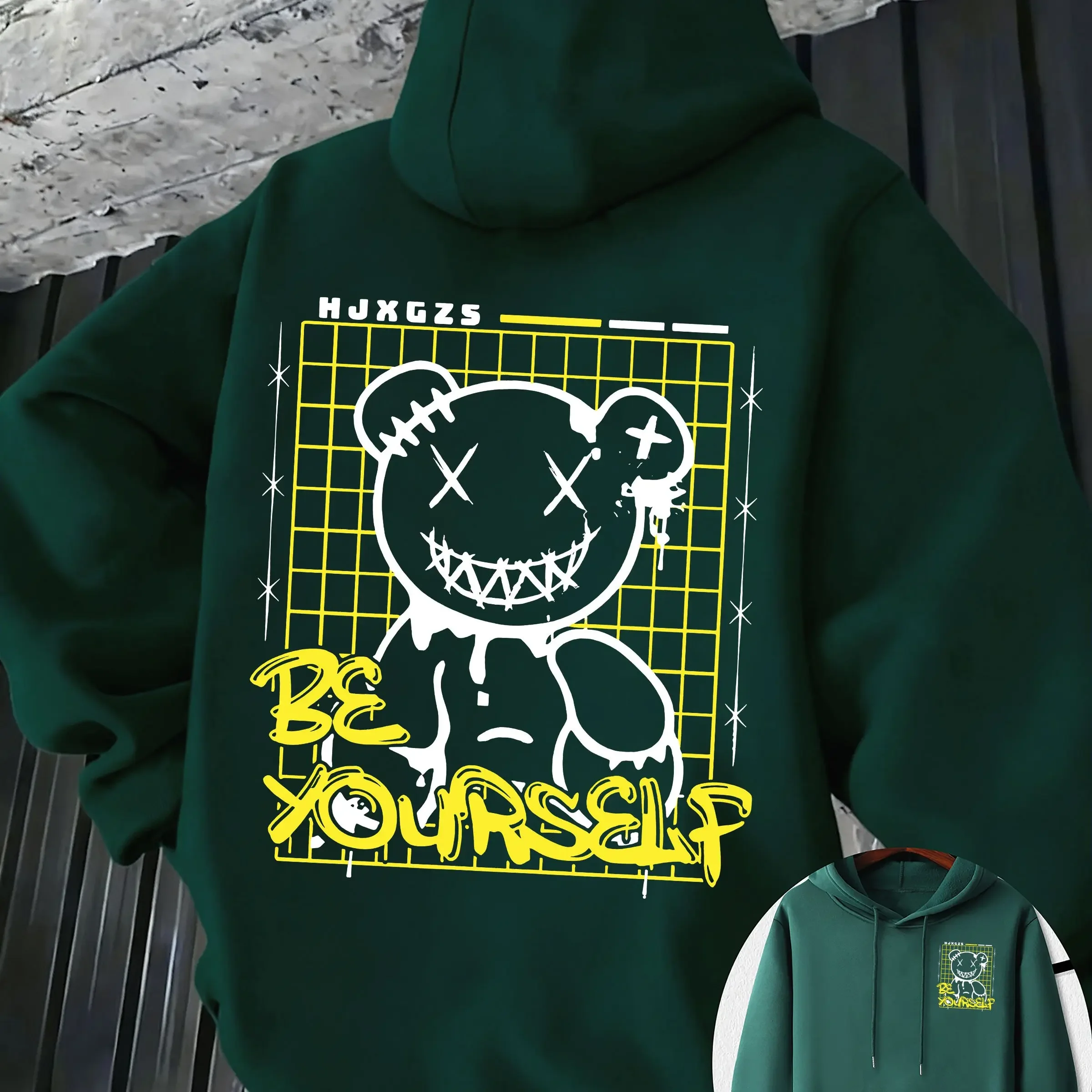 Men Women Streetwear Hoodie Be Yourself Stitched Bear Graffiti Print Front Back Graphic Casual Loose Pullover Hooded Sweatshirt