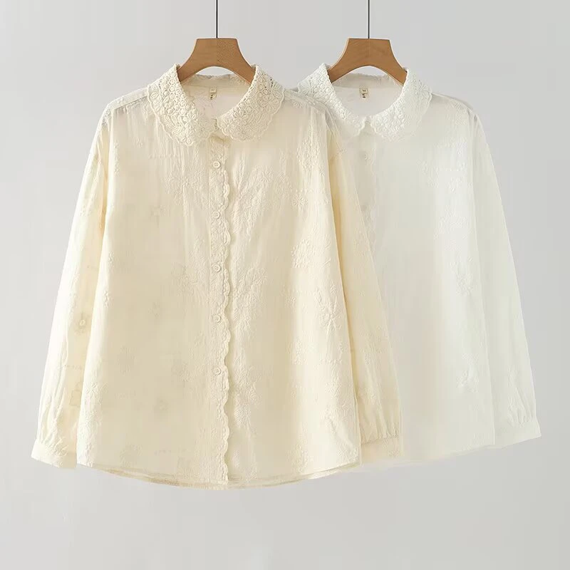 ใหม่2025ฤดูใบไม้ร่วงผ้าฝ้ายเสื้อแขนยาวผู้หญิงPeter Pan Collarเย็บปักถักร้อย, MoriสาวRetroหวานสบายๆหลวมเสื้อT55316CC