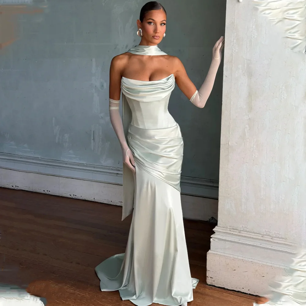 

Simple Pleat Stapless Satin Sheath Wedding Dressed Wiht Long Scaf Custom Made Bridal Grown 2025 Vestido De Noival