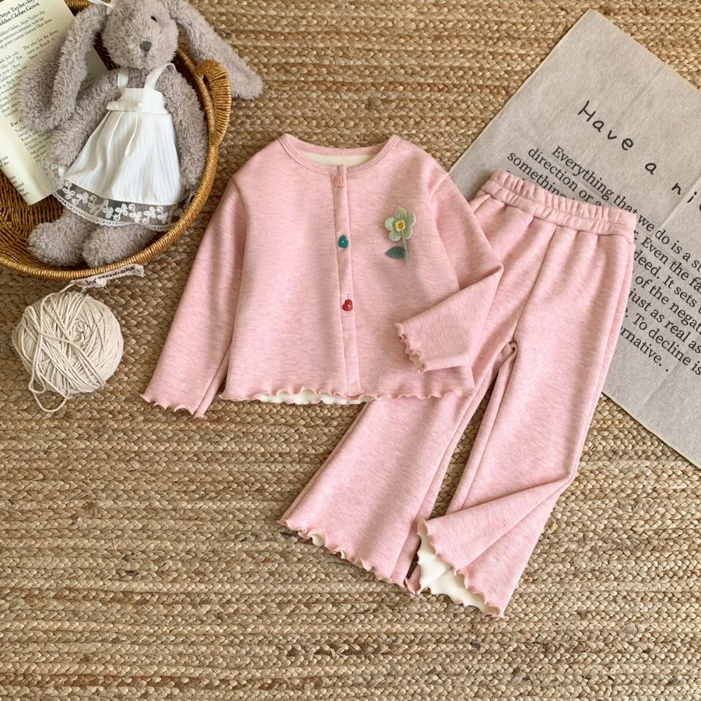 Herbst Mode Plüsch Mädchen Casual Anzug Einreiher Langarm Top + Rüschen Hosen Zwei Stück Set für Kinder 2-7 jahre Alt – Detail 3