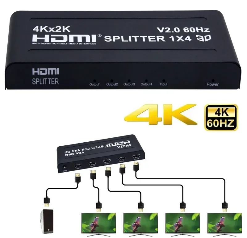 4Kx2k 1080P HDMI Splitter 4K 60Hz HDMI Splitter 1x4 HDMI2.0 1 In 4 Out Video Converter for PS4 STB DVD Camera PC To 4 TV Monitor