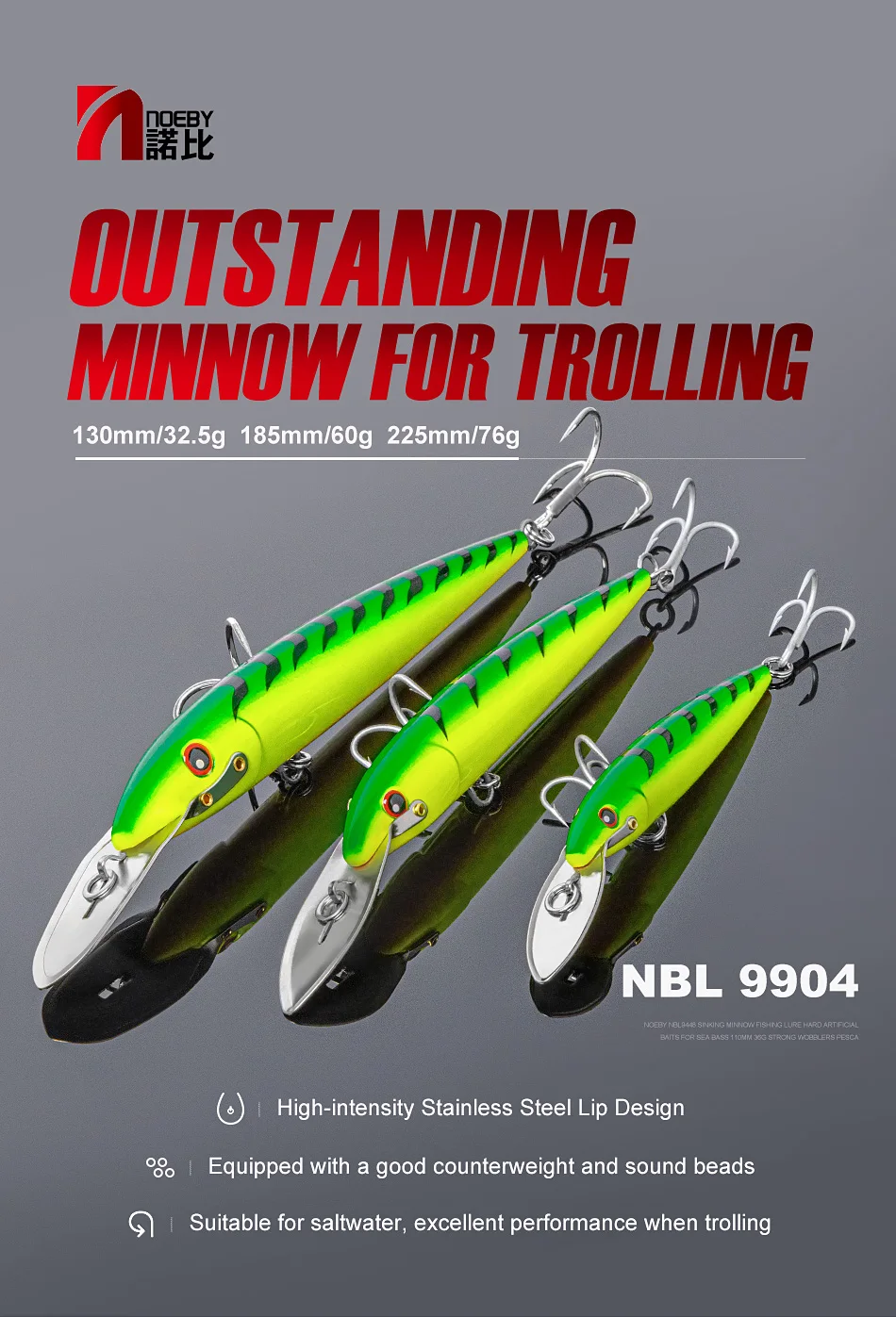 NOEBY 3-teiliges Trolling-Minnow-Köder-Set 130mm 32,5g 185mm 60g 225mm 76g Salzwasser-Bootsangelköder für Thunfisch – Detail 1