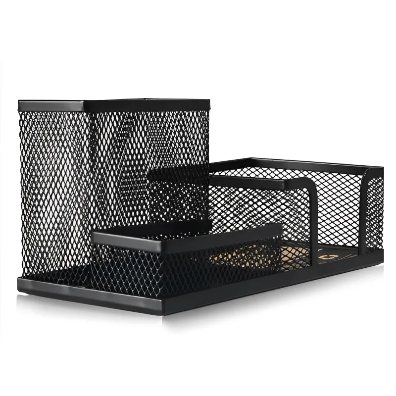 Metal Desk Organizer 3 Section Wire Mesh Pen Pencil Clips Holder for Office Home Black Corrosion Resistant