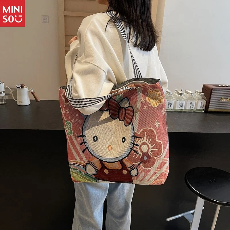 Miniso Embroidered Tote Bag, Large Student Commuter, Knit Shoulder Purse