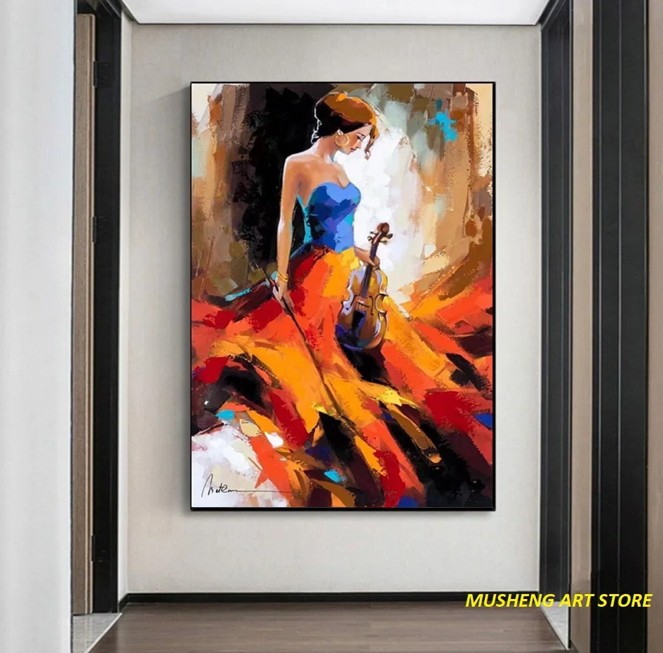 

Nordic Oil Painting Girl Playing the Violin Flamenco Beauty Dancer Wall Art Frameless on Linen Canvas for Home Room Decoration