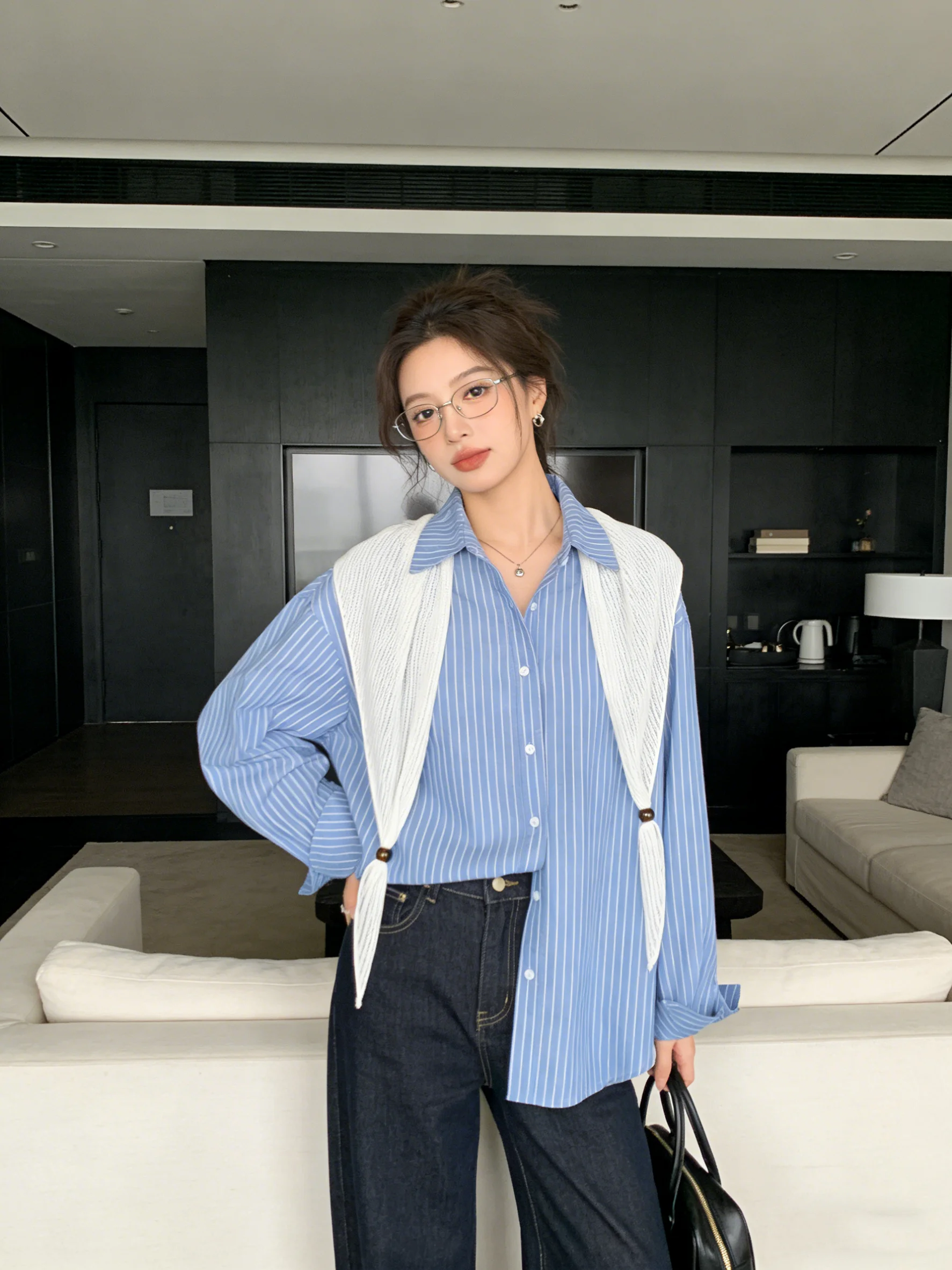 

Korean Sle Collar Sun Protection Slim Fit irt Thin Outerwear Spring 2026 Blue White Stripes Color Blo Anti-Aging