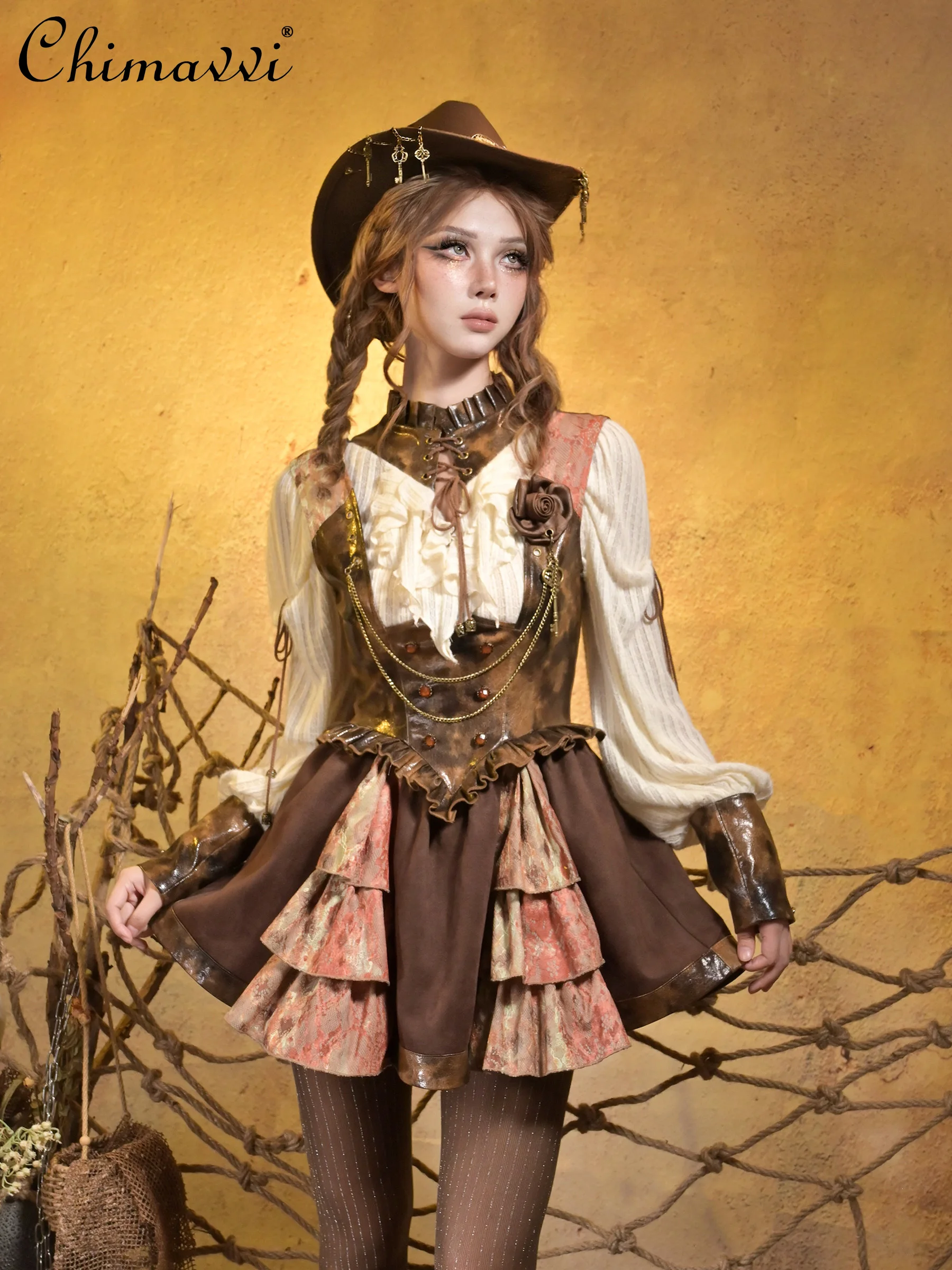 

Original Punk Gothic Leather Patchwork Vintage Distressed Girl Chest Support Strap Dress Lace Top Autumn Lolita Dress Set