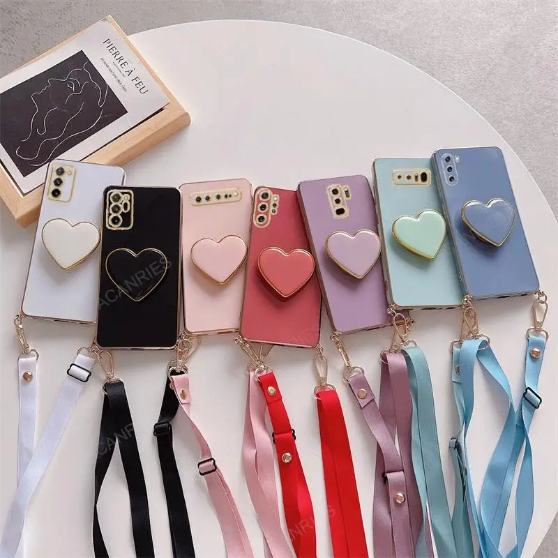 Note20 Note10 Plating Love Heart Holder Crossbody Lanyard Case For Samsung Galaxy Note 20 10 9 8 Ultra Plus Note9 Note8 S10 Lite