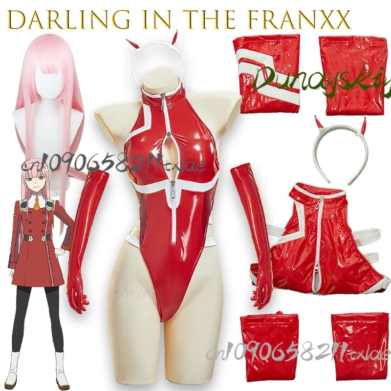 Darling In The Franxx Zero Two-body de cuero rojo, disfraz de Cosplay, conjunto completo de peluches sin espalda, vestido de bebé, ropa interior porno Sexy 