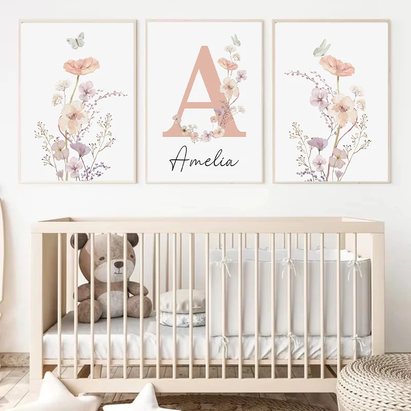 3pcs/set Personalized Custom Name Wildflower Nursery Wall Art Poster Pink Flower Canvas Print for Baby Girl Bedroom Home Decor