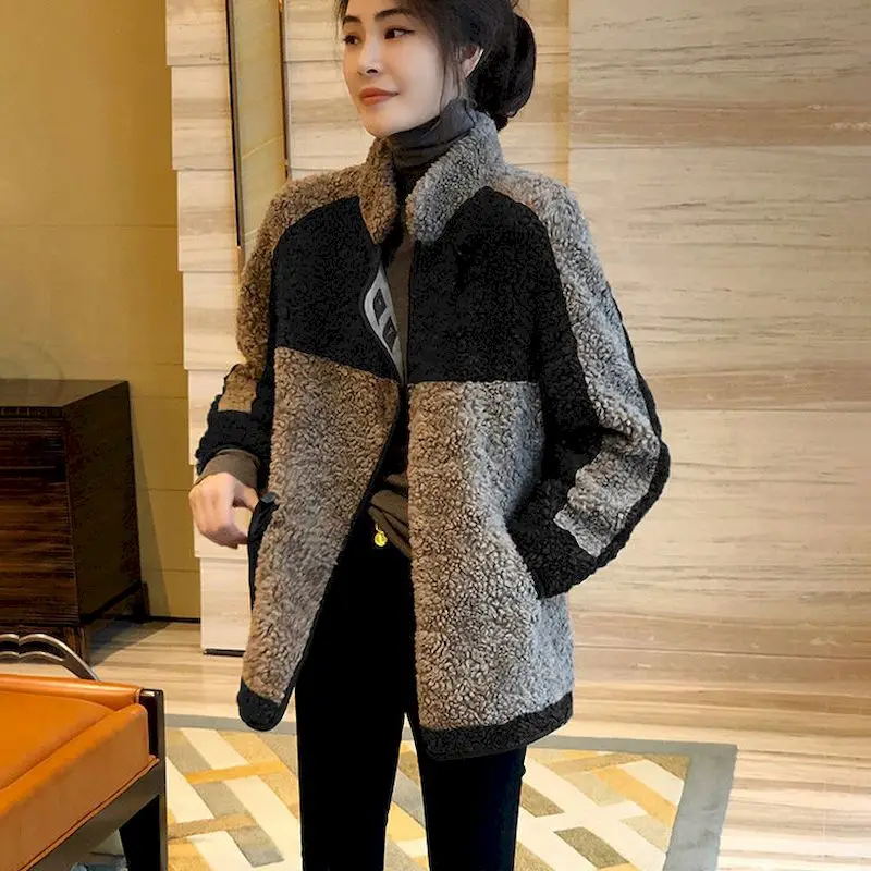 

Splice Lamb Wool Jackets Women Autumn Winter Trendy Loose Thicken Casual Coat Fashion Stand Collar Zippers Jacket Womens Clothes