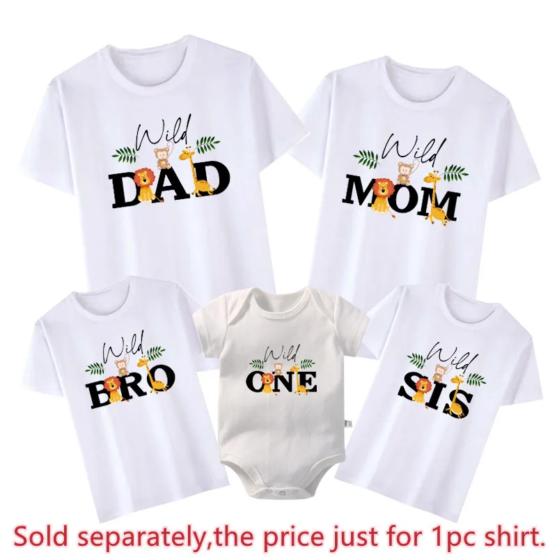 New Wild One Family Matching Outfits Cotton Dad Mom Bro Sis Tees Baby Rompers Funny Jungle Safari Birthday Party Shirts Clothes