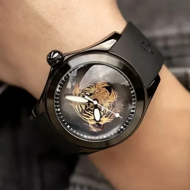 KAFYASE Men Automatic Watch 46mm Pilot Mechanical Wristwatch Bubble Mirror Luminous Tiger Dial Rubber Strap