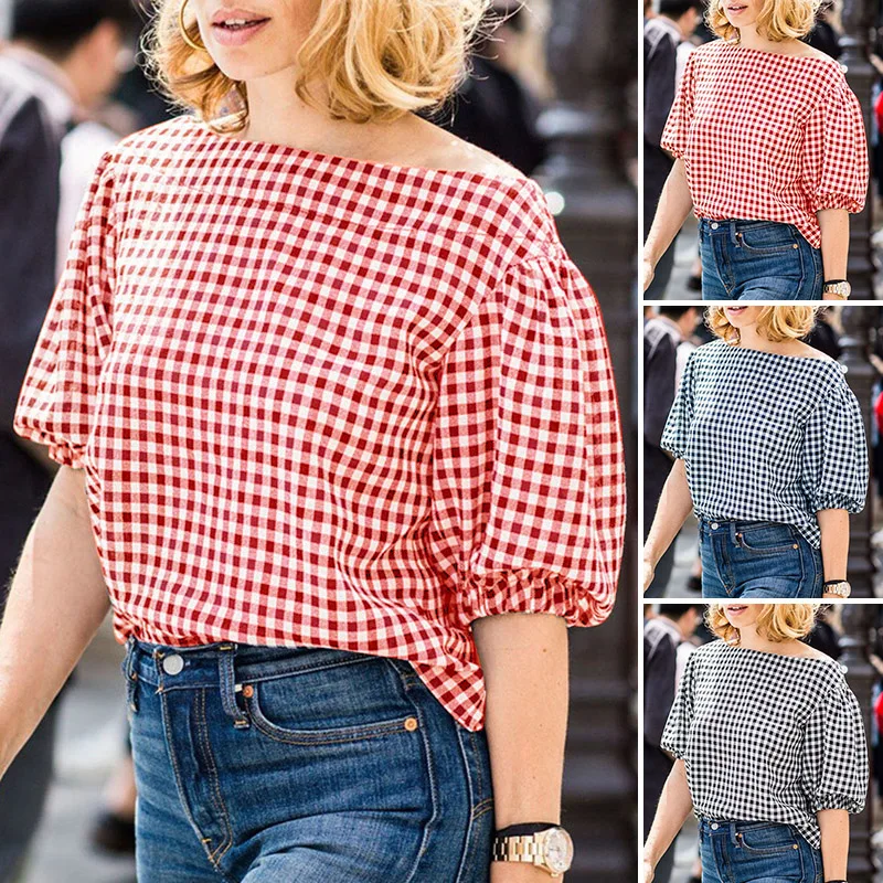 VONDA de talla grande 5XL, blusa elegante a cuadros de verano para mujer, camisas sexis, Tops de moda, Blusas holgadas informales de manga corta abombada para mujer