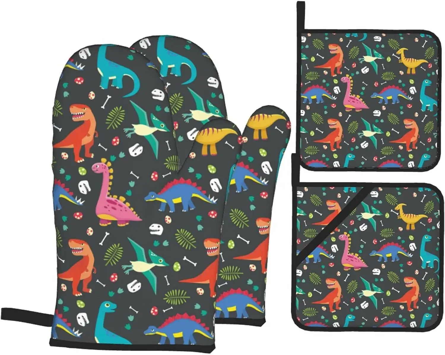 Dinosaur Oven Mitts and Pot Holders Sets of 4 Baking Cooking BBQ Oven Mitts Non-Slip Heat Resistant Quilting Grill Mitts Gifts