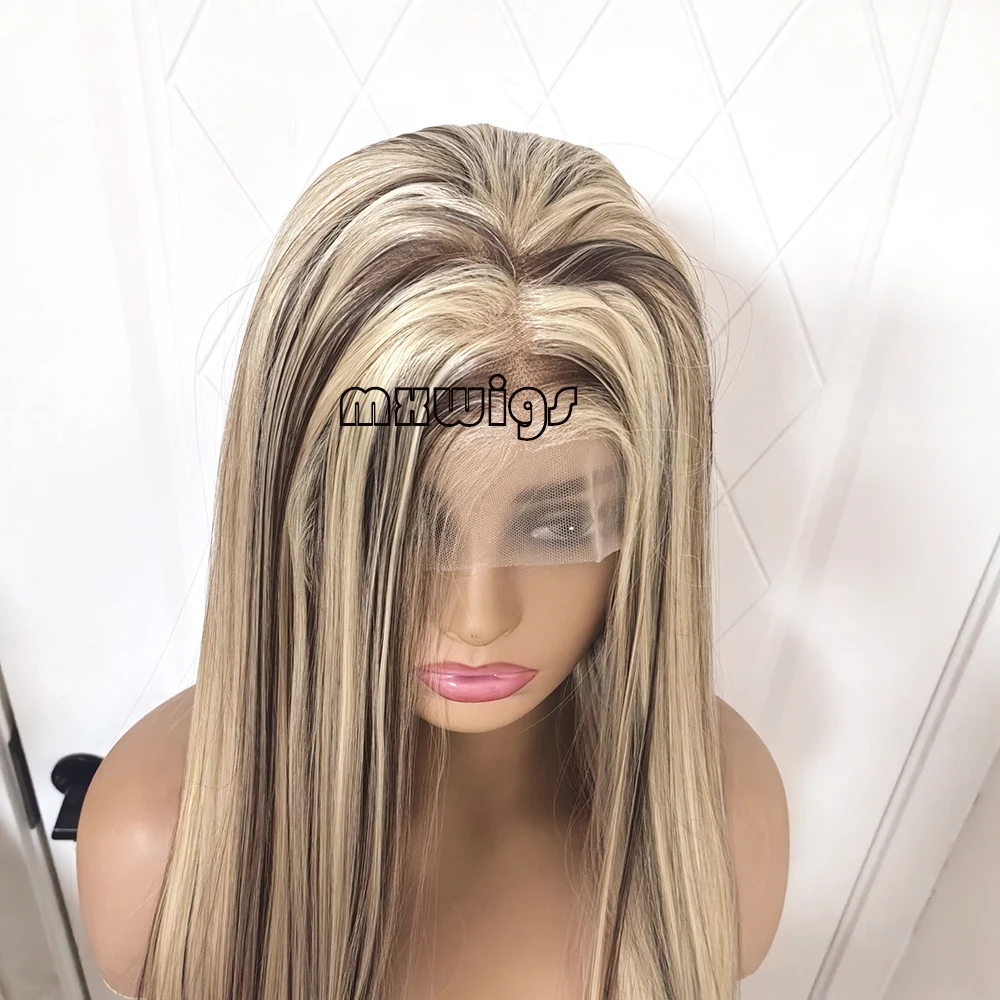 MXWIG Synthetic Hair Highlight Blonde Straight Glueless 13X4 Lace Front Wig For Black Women Preplucked  Daily Fiber Cosplay