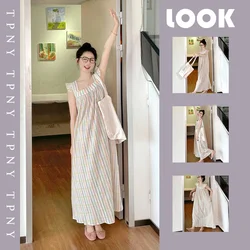 2023 New Korean Style Sweet Pajamas Dress Spagehtti Strap Long Nightgown Home Clothing Female Cute Colorful Striped Loungewear