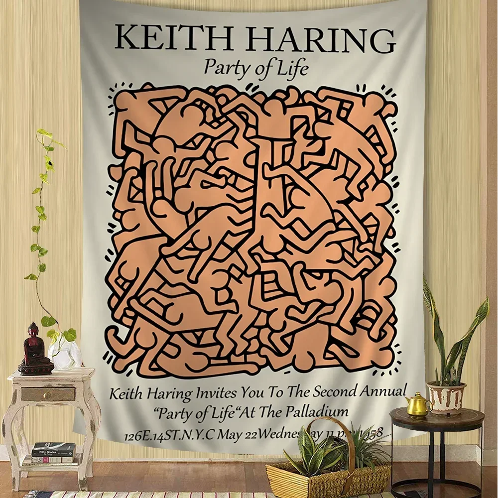 Keith-Haring-Works-Colorful-Print Hanging Bohemian Tapestry Indian Buddha Witchcraft Bohemian Hippie Cheap Hippie Wall Hanging