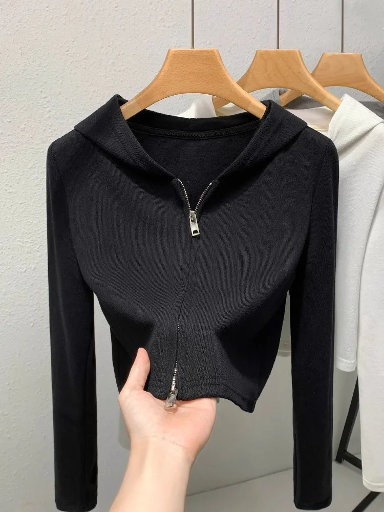 Bla hoodie feminino primavera outono 2025 novo sle fino ajuste ort zíper cabeça dupla capuz longo sve topo coreano sle commute