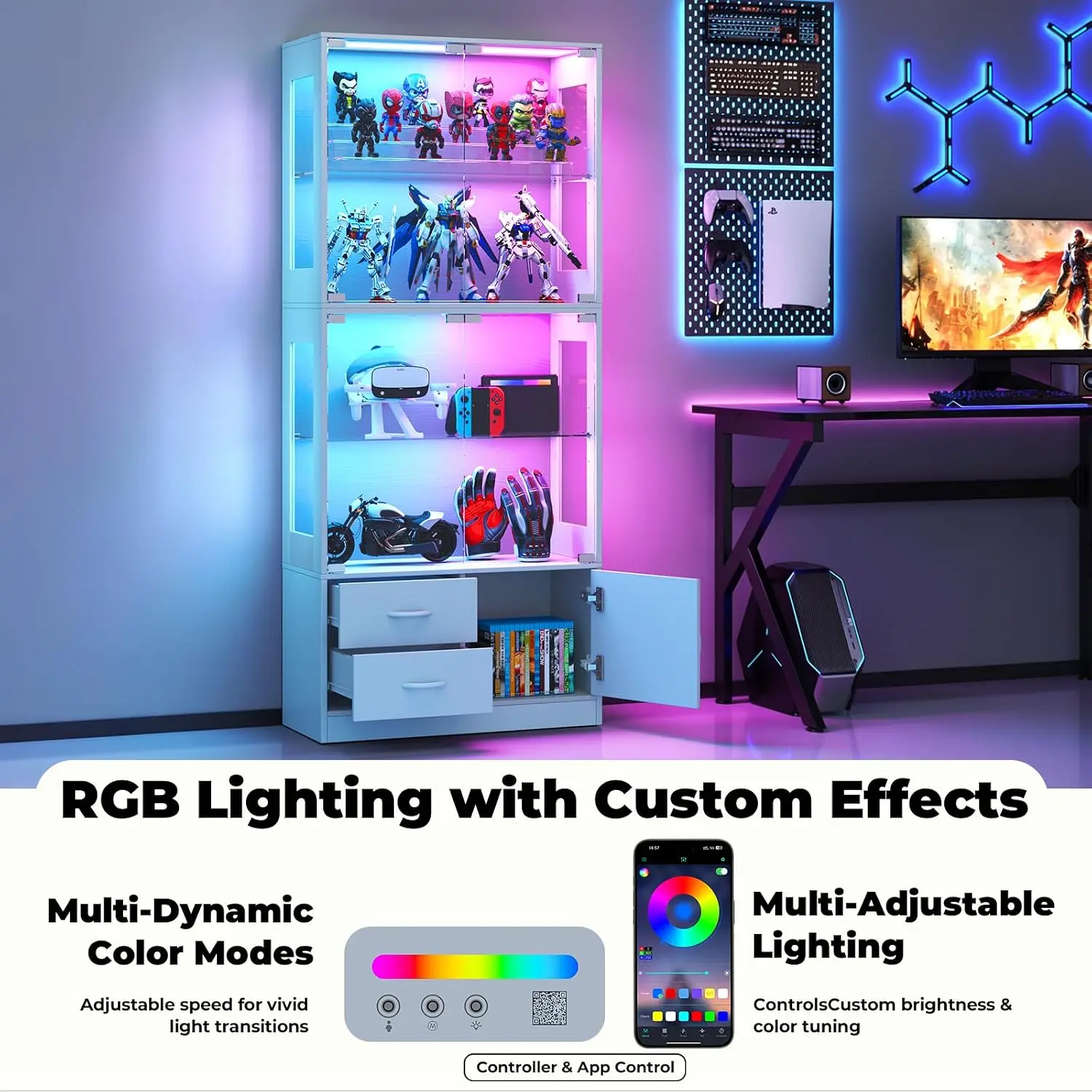 Glass Display Cabinet with RGB Lights and Storage Drawer,White