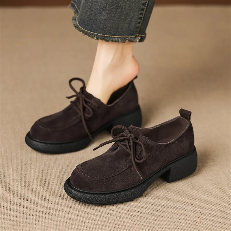 New Spring Autumn Cow Suede Woman Shoes Chunky Heel Loafers Round Toe Shoes for Women Ladies Shoe High Heel Platform Women Pumps