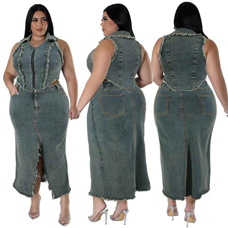 

Plus Size Women Denim Skirt Two Pieces Sleeveless Zipper T Shirt Split High Waist Long Skirt Fashion Lady Suit