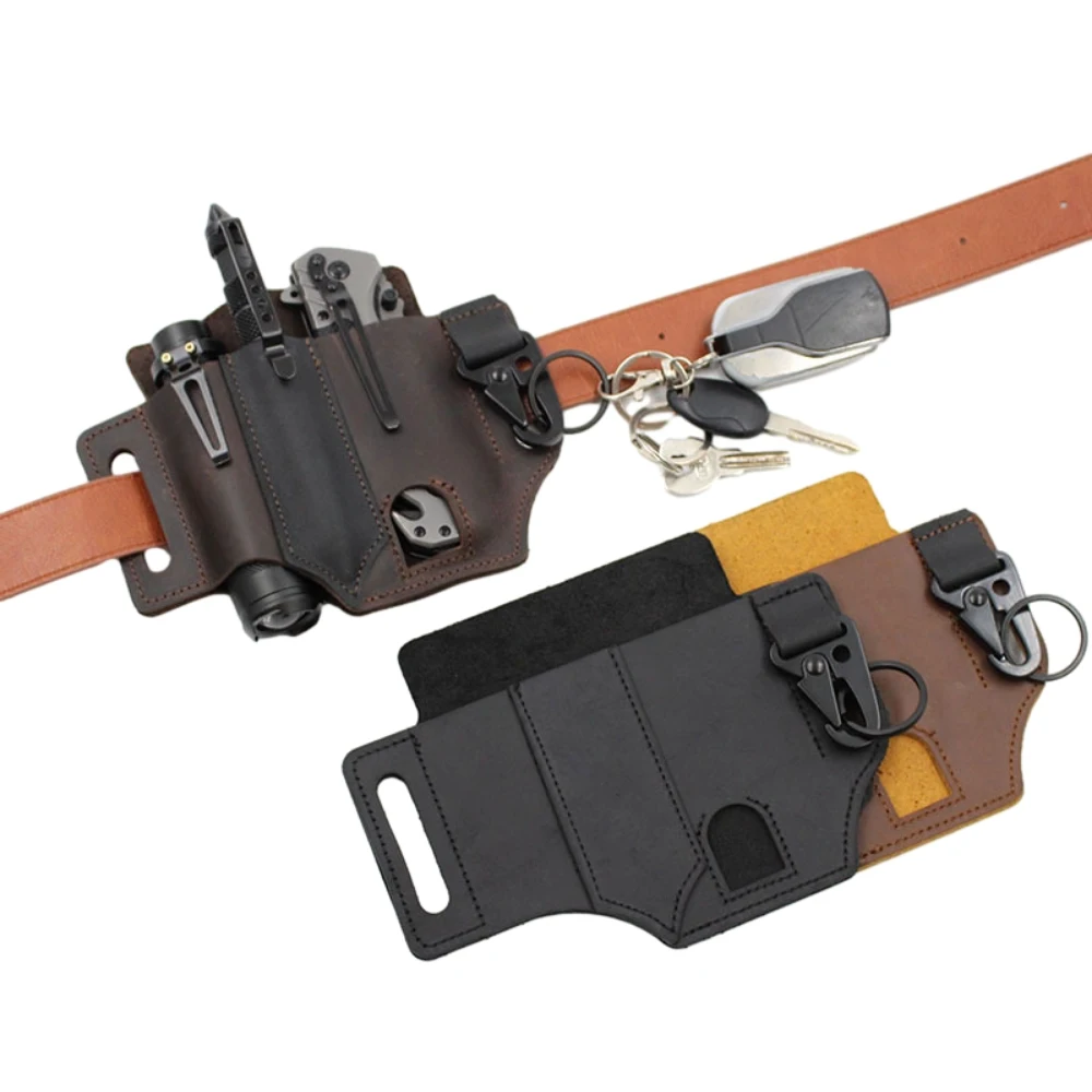 Leather Bag Multi-tool Sheath Belt Pouch Pocket Multi-tool Holder Essential Organizer for Key Ring Flashlight Black Brown