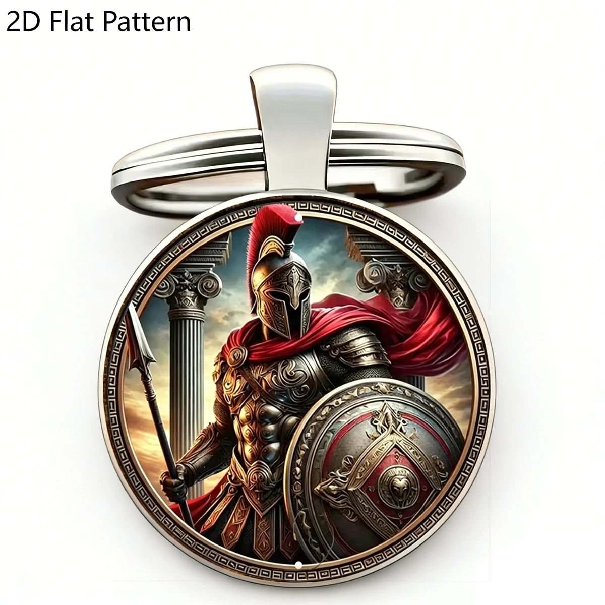 1Pc Spartan Warrior Keychain, Ancient Greek Roman Soldier 2D Round Glass Metal Key Ring, Historical Warrior Charm Souvenir Gift