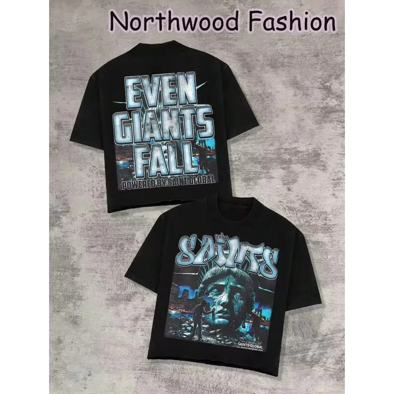 Saints Global Even Giants Fall,(100% Cotton 220g T-Shirt) New Y2K Special Custom Classic Men's Crew Neck Short Sleeve Street Style Unisex T-Shirt, Suitable For Vacations And Travel.