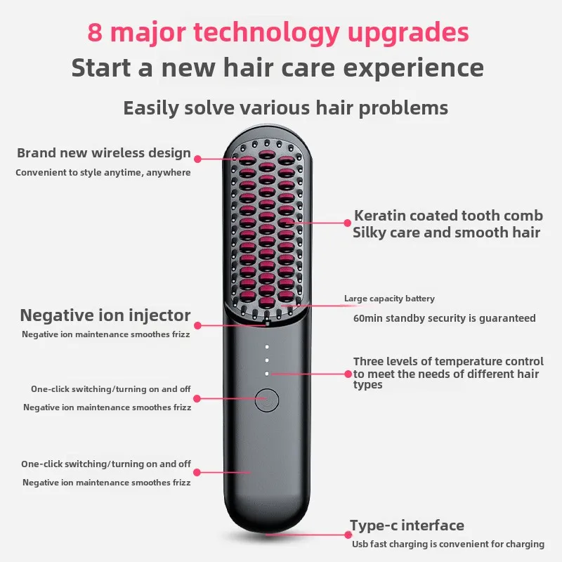 

Wireless Hair Straightener Brush Fast Heated Multifunctional Hair Curler Anti-scalding Heating Comb Temperature regulation