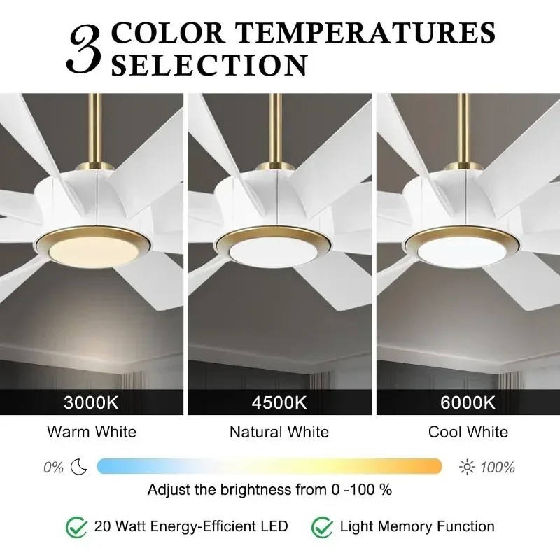 Ventilador de teto controle remoto com luz regulável, alta CFM Silencioso, Motor DC, moderno, inteligente, grande