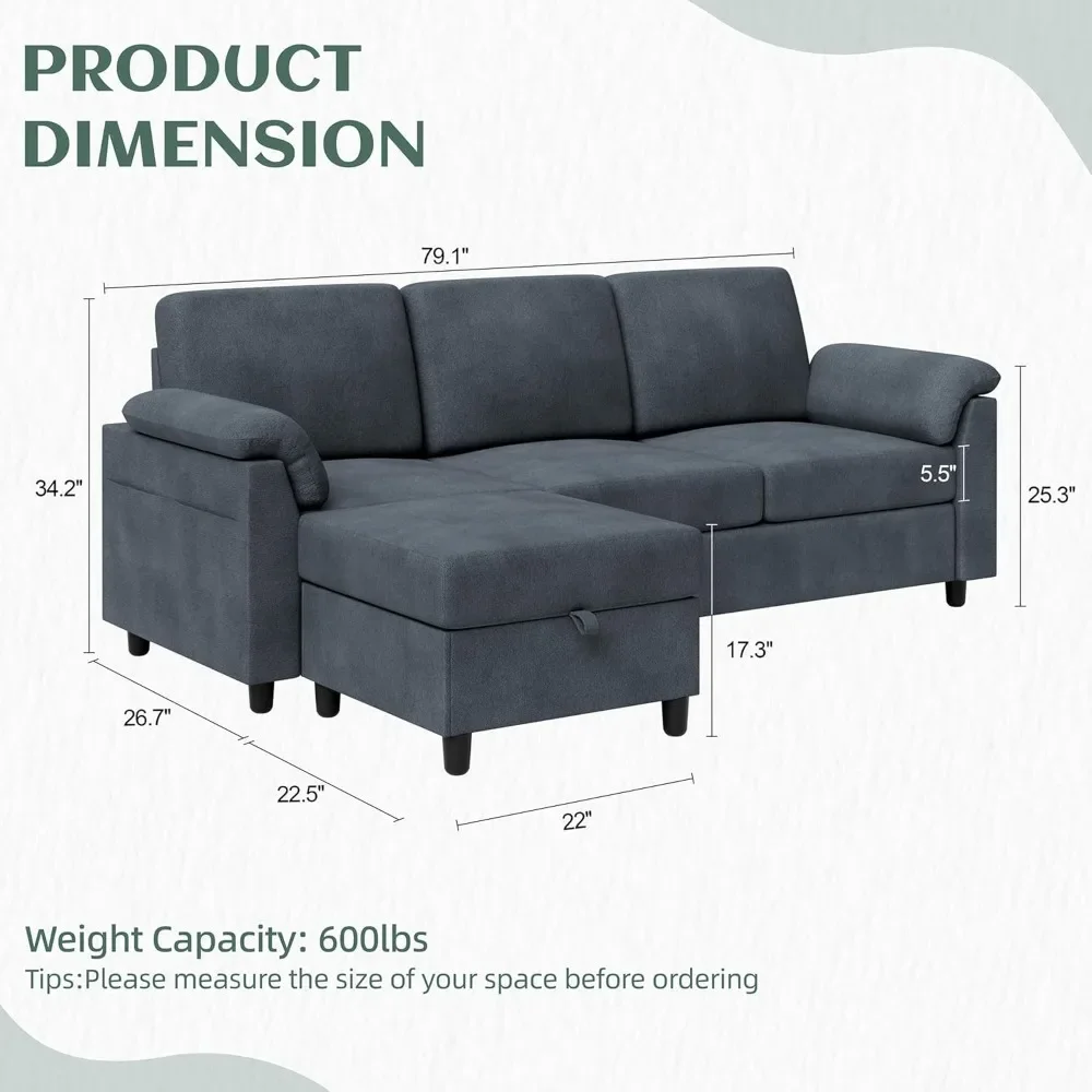 

Convertible Sectional Sofa Couch, 3 Seat L Shaped Sofa with Removable Pillows Linen Fabric Small Couch Mid Century
