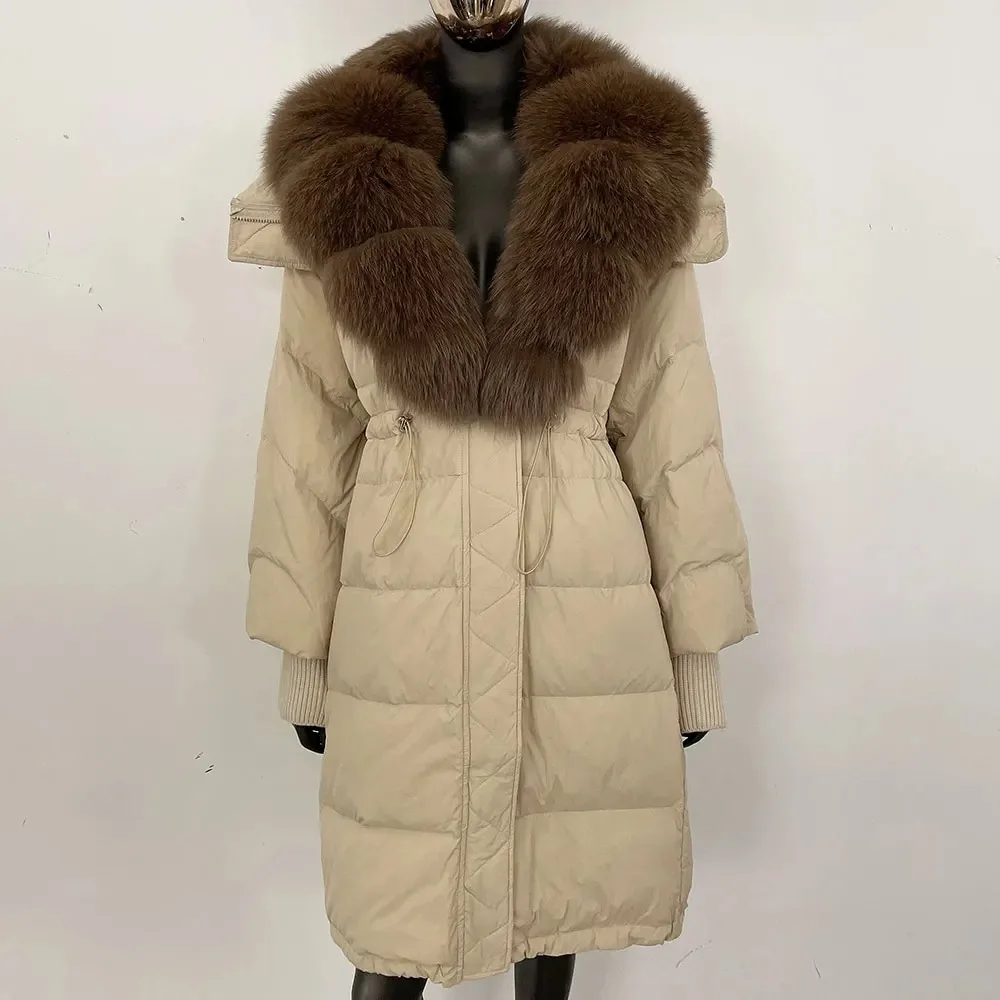 화이트 덕 다운 재킷 리얼 폭스 퍼 코트 겨울 여성용 롱 내추럴 라쿤 퍼 패딩 재킷 여성용 따뜻한 퍼 다운 코트