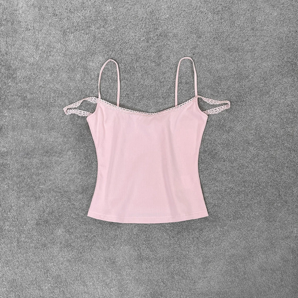 

Cotton Blend Women Vest Y2k Lace Splicing Simple Slim Commuter Peplum Camisole Top 2025 Fall New