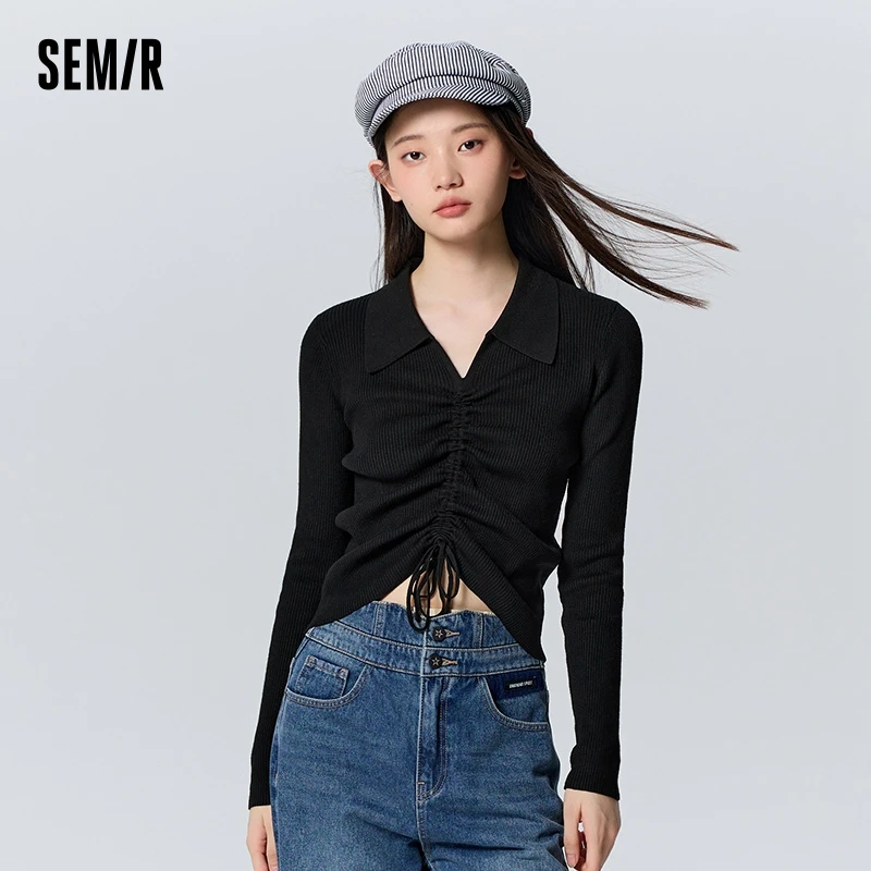 Semir-女性用ポロシャツカラーセーター、単色プルオーバー、ショート、痩身、引きひも、冬