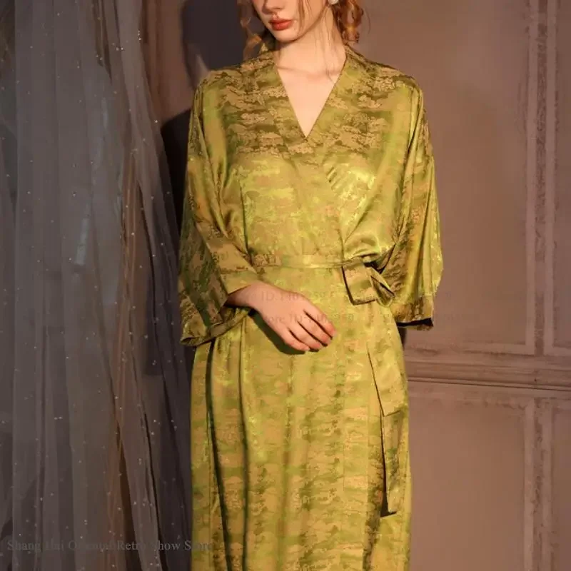 Luxury Jacquard Long Robe Nightgown Women Half Sleeve Kimono Bathrobe Gown Satin Ice Silk Sleepwear Sexy Home Dress Lounge Wear