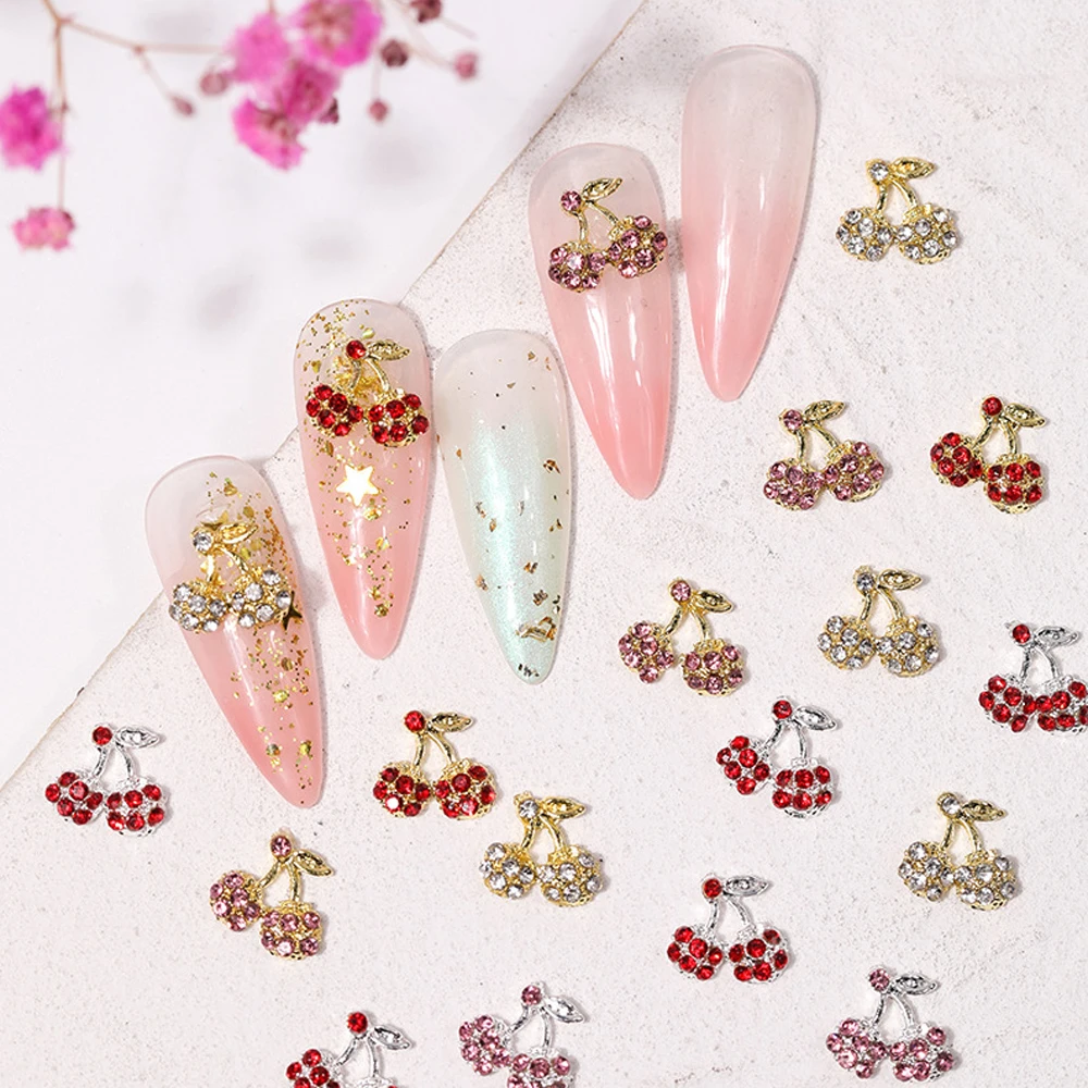 10pcs 3D Cherry Gold silver Nail Charms Alloy Luxury Glitter Diamond Rhinestone Nail Art Decoration Kawaii DIY Mail Accessories