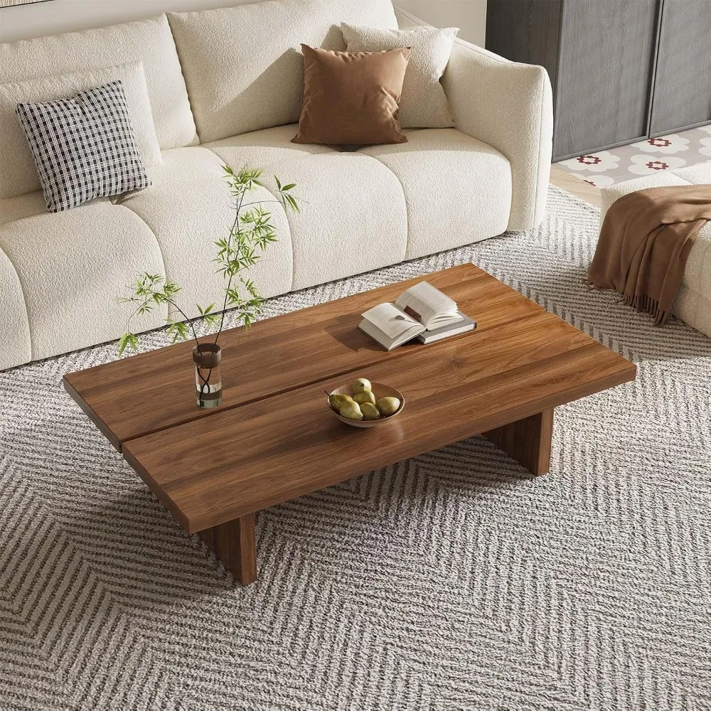 47-Inch Rectangular Coffee Table - Modern Understated Luxury Center Table for Living Room, Minimalist Walnut Grain Wood Coffee