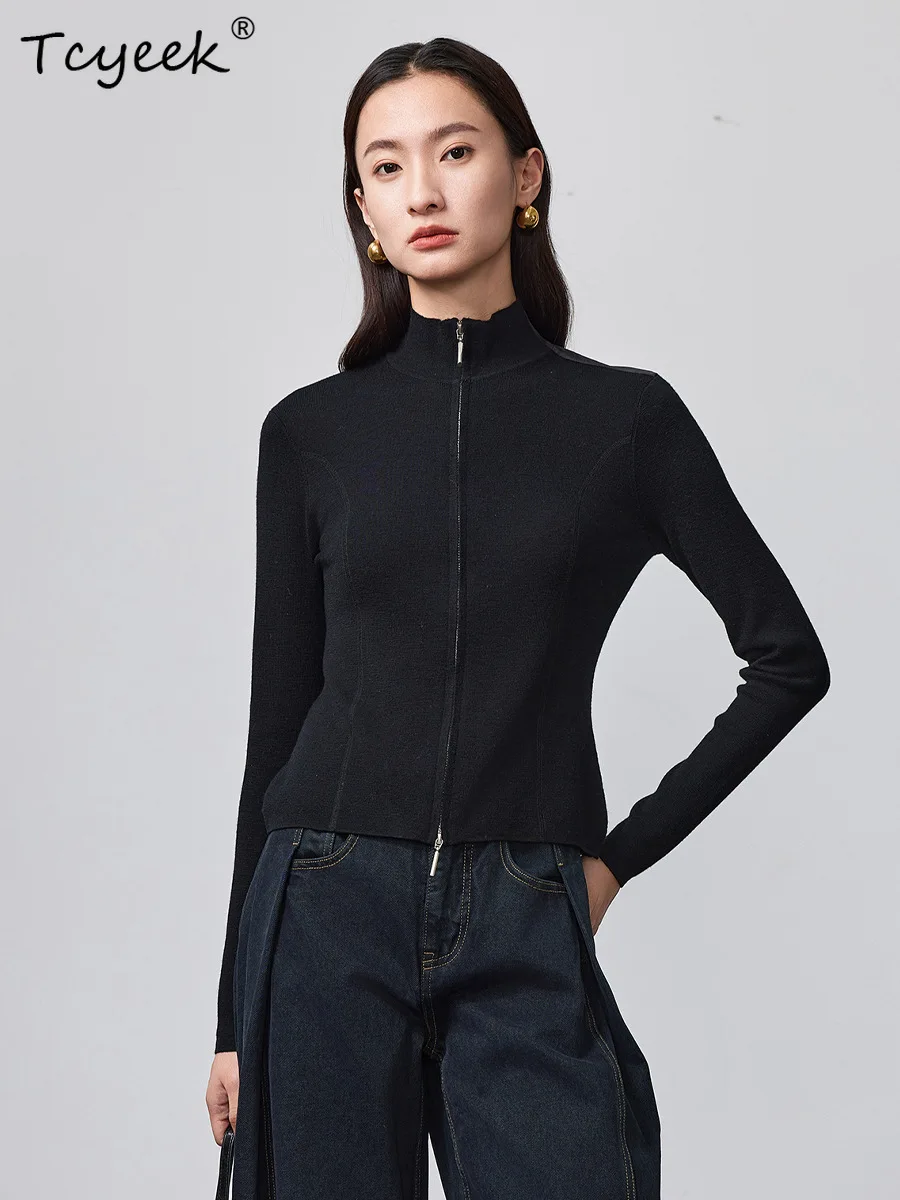 

Tcyeek, 100%Merino Wool Elegant Coat, Women Long Sleeve Stand Neck, Fashion Casual Jackets, Autumn Winter Cardigan C48612QM