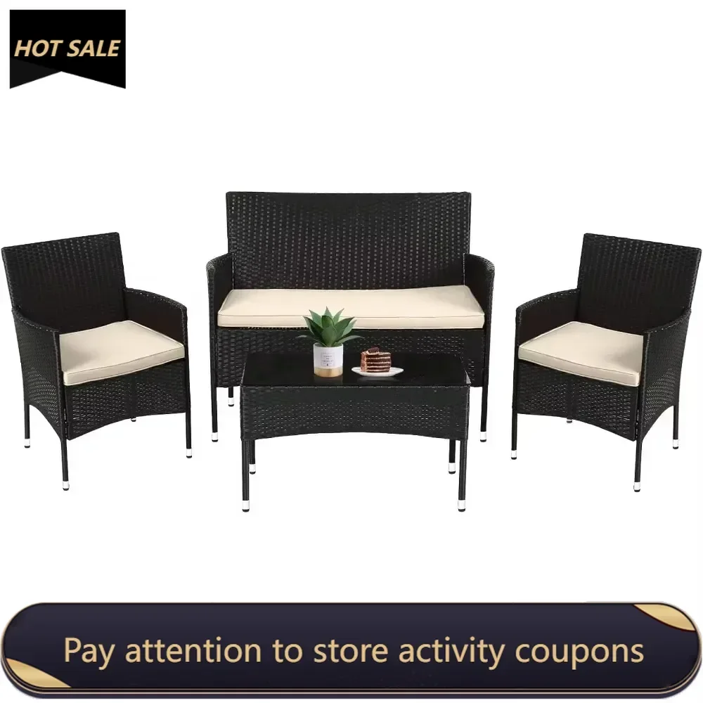 

Patio Furniture Set 4 Pieces Outdoor Rattan Chair Wicker Sofa Garden Conversation Bistro Sets for Yard